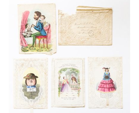 Collection of four mechanical Valentines: 'The Ghost Valentine', hand-coloured lithograph depicting fashionable young lovers,