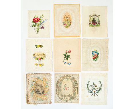 Collection of eight large lace type Victorian Valentines. 1: Central hand-coloured lithographic depiction of quiver, roses an