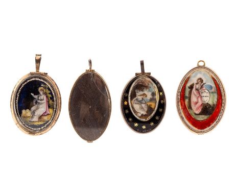 An 18th century oval yellow metal mourning pendant, painted with a figure in a pink dress holding a wheat sheaf, besides a st