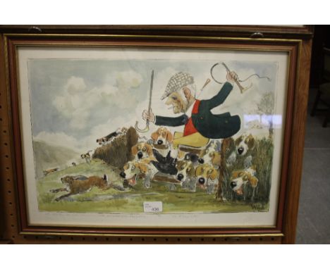 Wilk (John William Wilkinson 1906-1994) - Pen and watercolour caricature - 'In Full Cry', portrait of Mr A.F. Barker, Master 