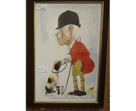 Wilk (John William Wilkinson 1906-1994) - Pen  and watercolour caricature - Portrait of Blencathra Huntsman Jim Walton, signe