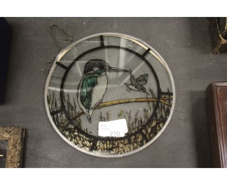 Circular leaded light with kingfisher design, slight damage