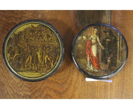 Two 18th/19th Century papier mache snuff boxes, one with portrait of a couple after Van Eyck, the other worded 'The Life in L