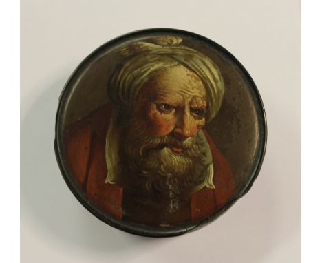18th/19th Century papier mache snuff box, the lid painted with bearded male portrait (a.f.)