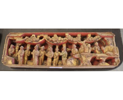 Chinese cinnabar lacquer and gilded wood panel section, carved with figures