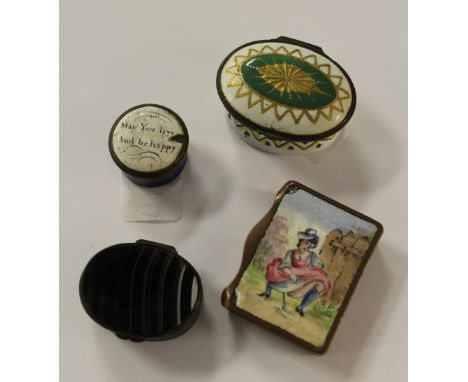 An 18th Century enamelled patch box, the cover worded 'May You live/And be happy' (a.f.), a 19th Century enamelled metal vest