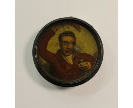 19th Century papier mache snuff box, lid painted with drinking huntsman (a.f.)