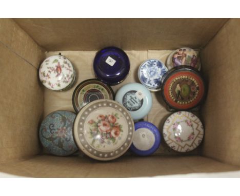 Thirteen 19th and 20th Century porcelain, papier mache and other snuff, trinket and patch boxes, various
