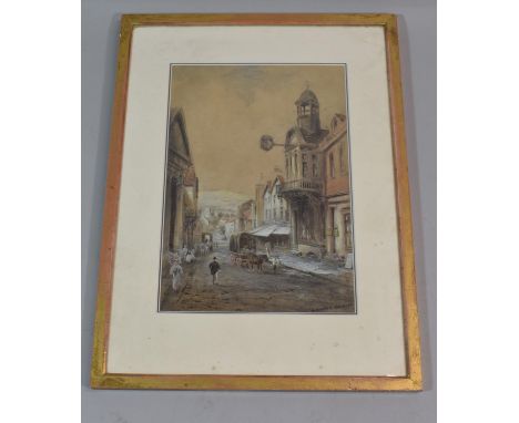 W. Miller Hewitt. A Framed Water Colour Depicting Town Street with Hotel and Clock Reaching Out Over Horse and Cart. 42cm x 2