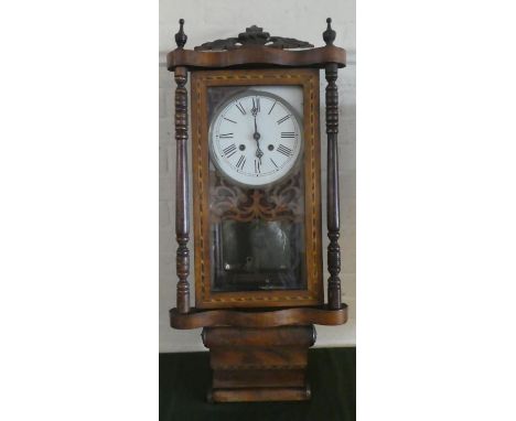 An American Inlaid Wall Clock with Mirrored Interior Enamelled Dial and Turned Pilasters. 100cms High 
