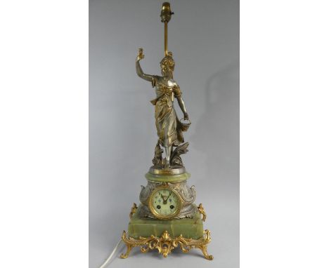 A Late 19th/Early 20th Century Figural Table Lamp and Clock in the Form of Maiden and Small Dog After Bruchon, 'Fleurs des Ch