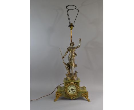 A Late 19th/Early 20th Century French Figural Table Lamp in Ormolu Mounted Green Onyx. Eight Day Movement Striking on Bell 'C