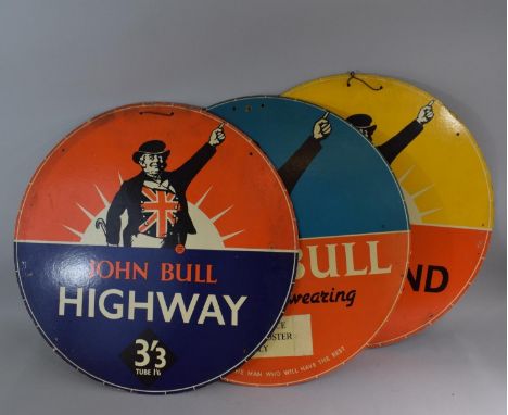 Three Vintage Printed Cardboard Advertising Signs 'John Bull Highway', 'John Bull Lively-Long Wearing, New Service, New Roads