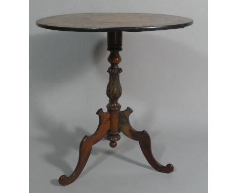 A Walnut Tripod Table, The Rosewood Crossbanded Top Inlaid with Marquetry Woods to Form Floral and Geometric Borders. Carved 