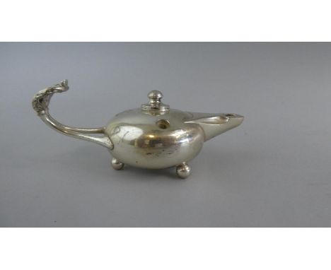 A Silver Plated Aladdin Style Oil Lamp with Heraldic Lion Engraving. 13.25cm Long 