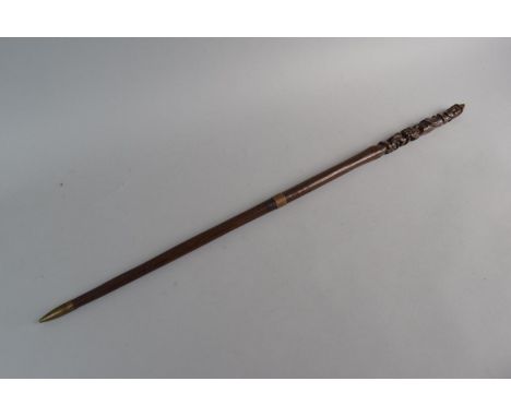 A Carved African Ceremonial Stick with Face Mask Terminal and Copper Band and Ferule, 70cm Long 