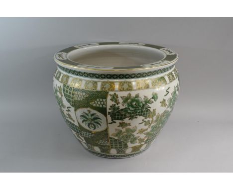 A Large Late 20th Century Oriental Ceramic Fish Bowl in Famille Verte Enamels. The Interior with Five Koi. 44cms Diameter. 33