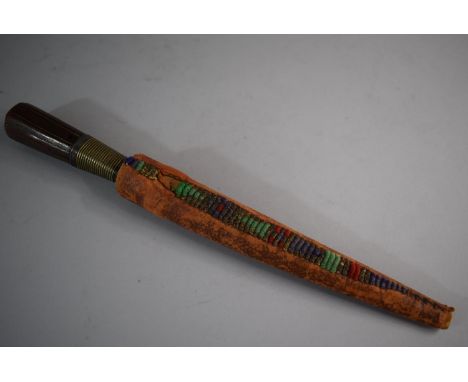 A Wooden Handled Dagger with Tapering Square Wired Handle, Etched Blade with Two Small Enamelled Discs, in Leather Covered Wo