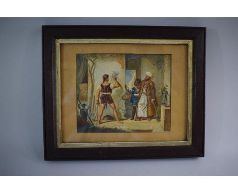 A Framed Watercolour Depicting Chained Artist Drawing Portrait of Slave Master on Wall, 17 x 14.5cms 