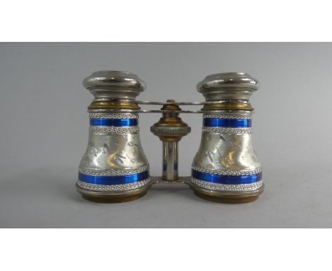 A Pair of Continental Silver Plated Opera Glasses with Blue Enamel Banding and Etched Decoration 