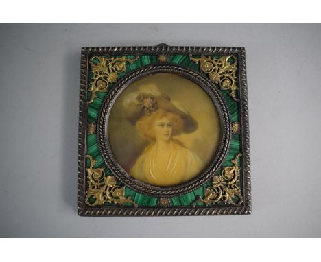 A Impressive White Metal, Malachite and Gilt Spandrelled Frame Containing Portrait of Maiden with Bonnet, 15cms Square 