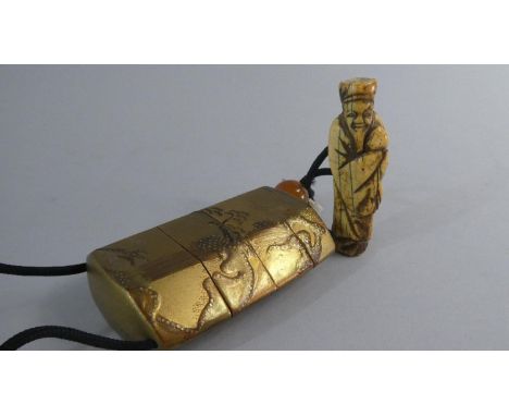 A Good Four Section Gilt Lacquer Inro Decorated in Relief with Waterfall and Trees Together with Carved Netsuke of Robed Elde