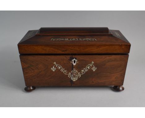 A Mid 19th Century Rosewood Tea Caddy of Sarcophagus Form with Mother of Pearl Inlay. Two Removable&nbsp; Inner Tea Boxes and