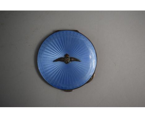 A Silver and Blue Enamel Circular Powder Compact with Winged RAF Badge Mount. Engine Turned Decoration to Reverse. Birmingham