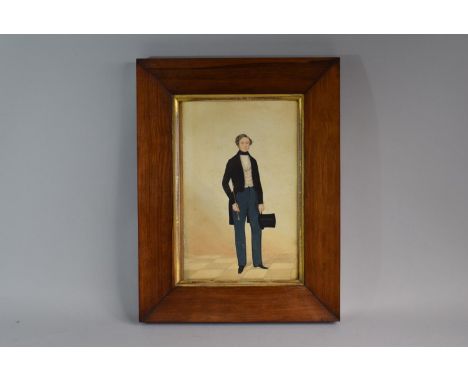 A 19th Century Rosewood Framed Full Length Portrait of Young Man with Top Hat and Frock Coat. 32cm x 21cm 