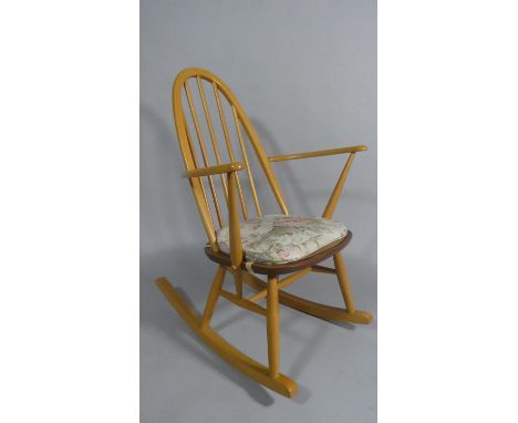 A Vintage Ercol Golden Dawn Beech and Elm Quaker Rocking Chair with Hooped Spindle Back 