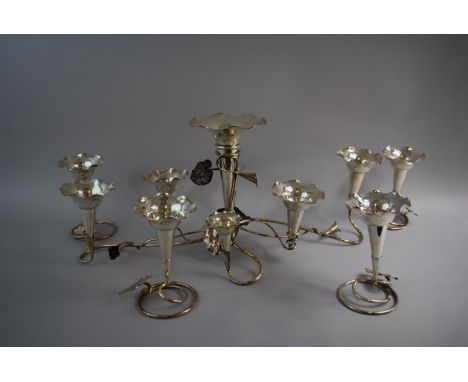 A Mappin and Webb Art Nouveau Seven Trumpet Silver Plated Table Centre Epergne with Four Matching Single Examples decorated w