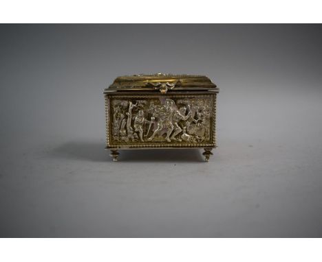 A Continental Silver Plated Box Decorated in Deep Relief to all Sides and Hinged Lid with Hunting Scenes, Stags and Boar, 8cm