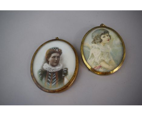 A Gilt Framed Oval Hand Coloured Portrait Miniature of Maiden with Ruff Together with Early 20th Century Example of a Young G