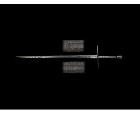 Late 13th-mid 14th century AD. An Oakeshott type XVII iron sword probably of German manufacture, the pommel is octagonal-shap