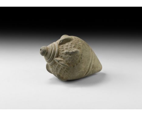 9th-11th century AD. A large hollow ceramic vessel with piriform body, intended to be filled with explosive liquid and a wick