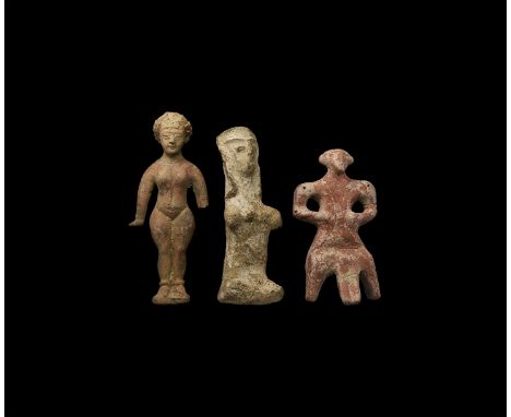 3rd-1st millennium BC. A mixed group of ceramic figurines comprising: a red-painted greyware stylised figure with tripod base