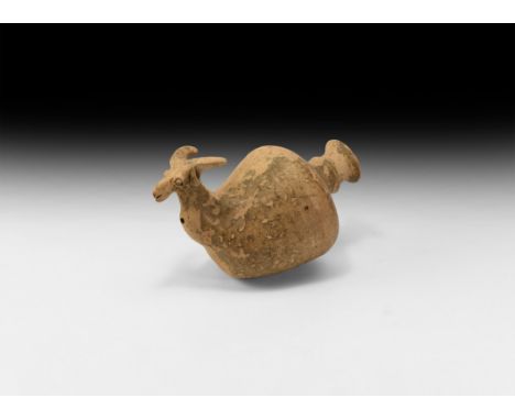 1st millennium BC. A ceramic rhyton with bulbous body, short waisted neck with everted rim, painted geometric frieze to the s