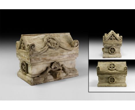 6th century AD. A marble sarcophagus-shaped casket from the period of Justinian the Great, rectangular in plan with pitched-r