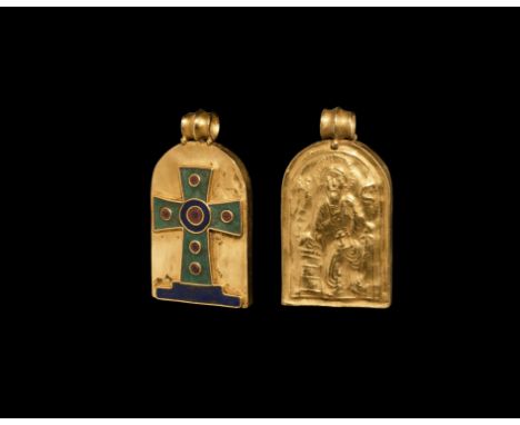 10th-13th century AD or later. A hollow-formed sheet gold tongue-shaped pendant with scalloped suspension loop and granules, 