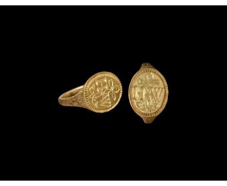 Circa 1600 AD. A spectacular late Elizabethan (or early Jacobean) gold ring of the Harvey family of Launceston comprising a f