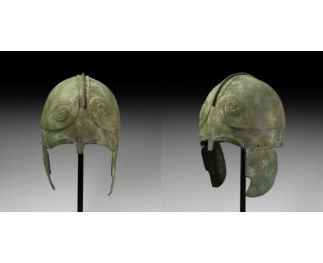 3rd century BC. A Chalcidian Type V bronze helmet, possibly worn by a soldier who fought under Alexander the Great; the bowl 