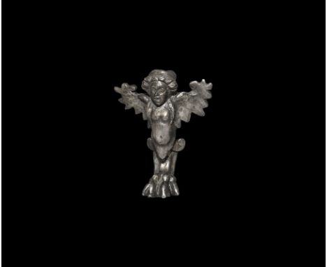 1st century AD. A silver casket foot with lion's claw supporting a nude female body with lateral spread wings. [A video of th