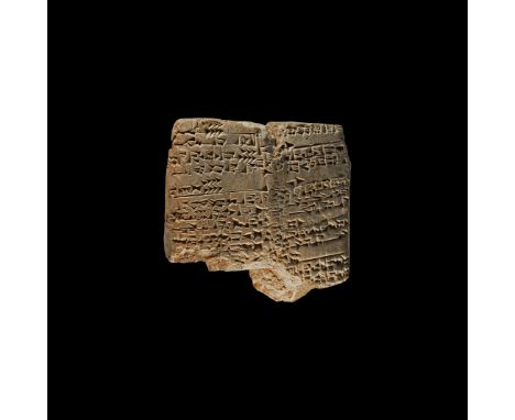 Late 3rd millennium BC. A large part of pillow-shaped ceramic tablet fragment with bands of cuneiform text to one broad face 