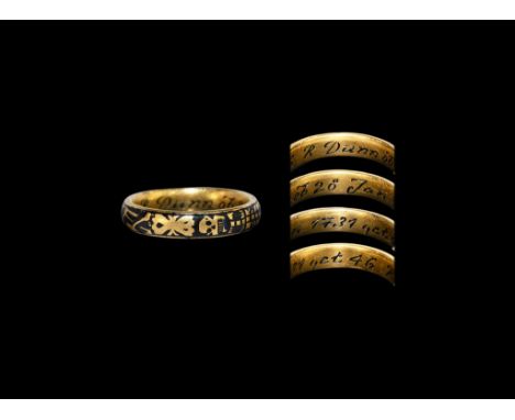 Dated 1731 AD. A gold finger ring, from early in the reign of George II (1727-1760 AD), with reserved, elongated skeleton and