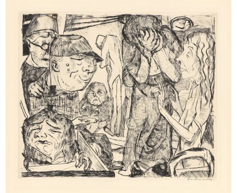 Max Beckmann (Leipzig 1884 – 1950 New York). „Irrenhaus“. 1918Kaltnadel auf Bütten. 26 × 30,8 cm (10 ¼ × 12 ⅛ in.). Signiert.