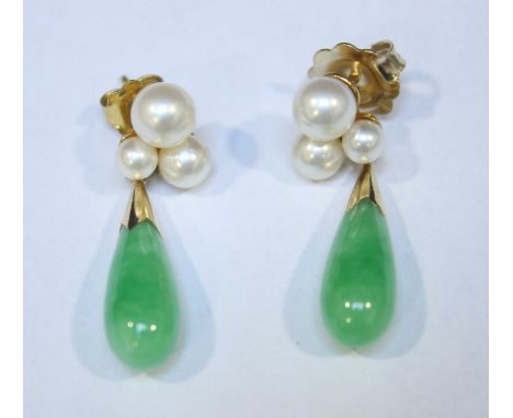 A pair of 9ct gold jade and cultured pearl drop earrings.