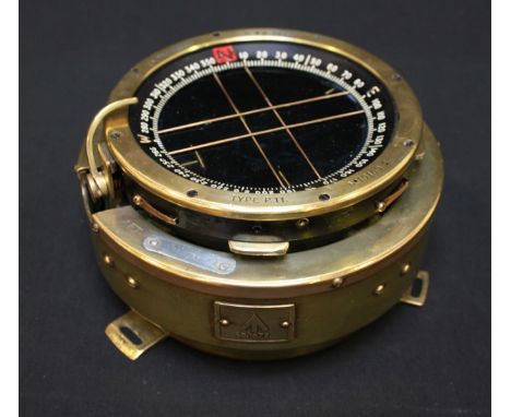 A Type P.11. compass, as used in Spitfire's, brass case, broad arrow plaque and 6B/1672, 14cm diameter, polished brass case