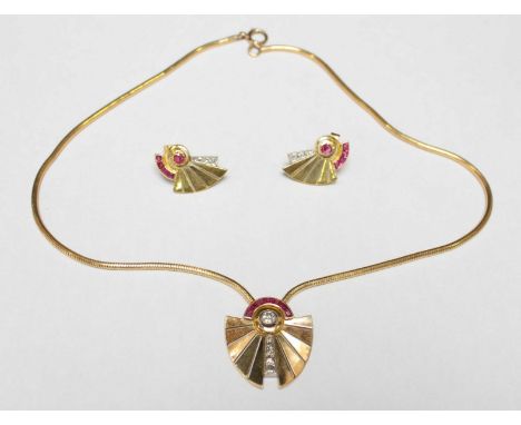 A yellow gold, diamond and ruby fan shaped necklace and matching earring suite, the necklace on a 9ct gold chain. 33 grams.