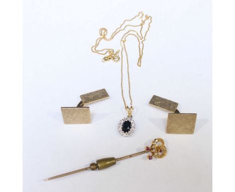 A fine 18ct gold necklace with diamond and sapphire-set oval pendant, together with a pair of 9ct gold gents square-textured 
