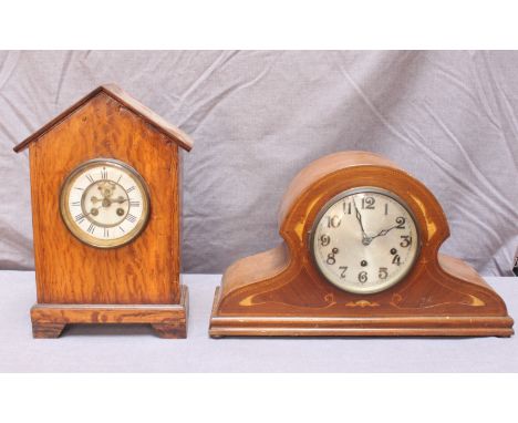 A satin birch mantel clock with white enamel dial, 37 cm high, and a mahogany mantel clock. (2)